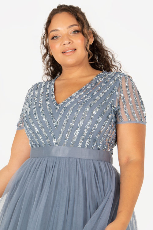 Maya Deluxe Dusty Blue V Neck Stripe Embellished Maxi Dress