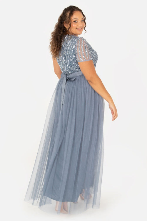 Maya Deluxe Dusty Blue V Neck Stripe Embellished Maxi Dress