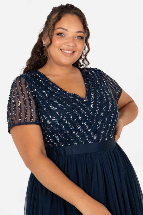 Maya Deluxe Navy V Neck Embellished Maxi Dress