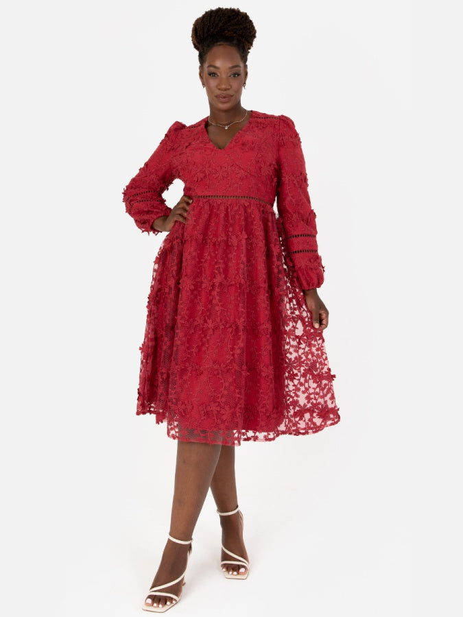 Maya 3D Floral Embroidered Midi Dress