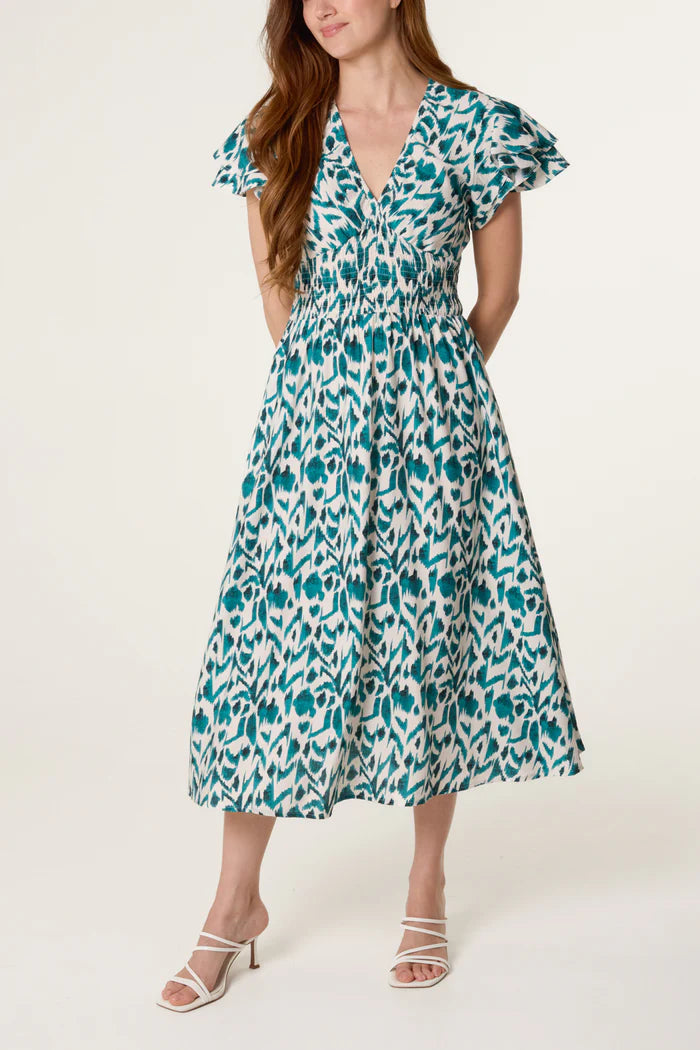 Ikat Print Shirred V Neck Dress