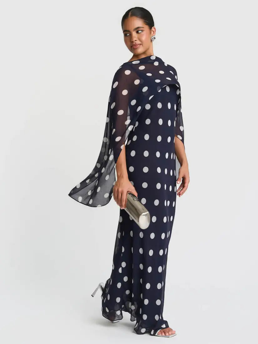 Needs No Label, Navy Spot Chiffon Cape Maxi Dress