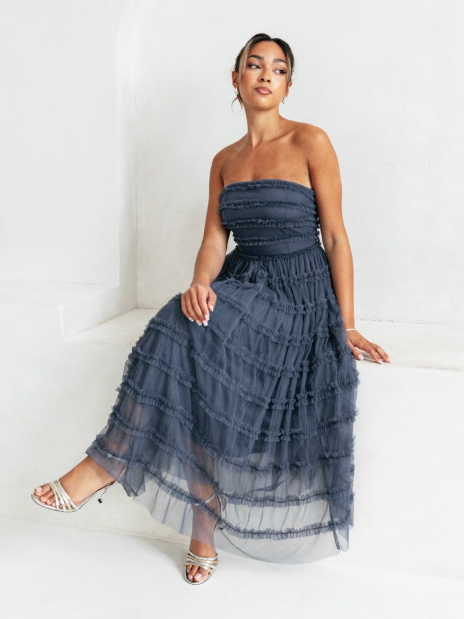 Anaya Vintage Indigo Bandeau Ruffle Midi Dress