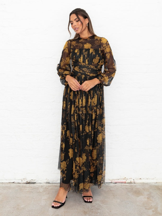 Anaya Floral Long Sleeve Gathered Waist Maxi Dress