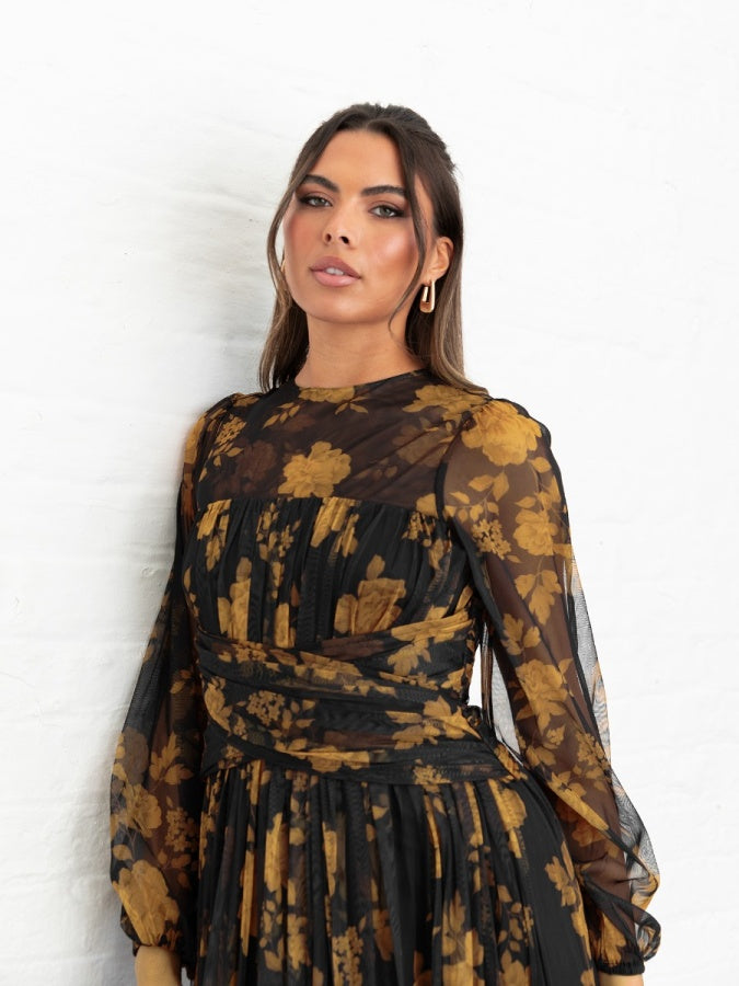 Anaya Floral Long Sleeve Gathered Waist Maxi Dress