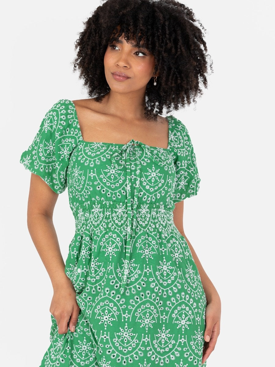 Lovedrobe Green Broderie Tie Neck Midaxi Dress