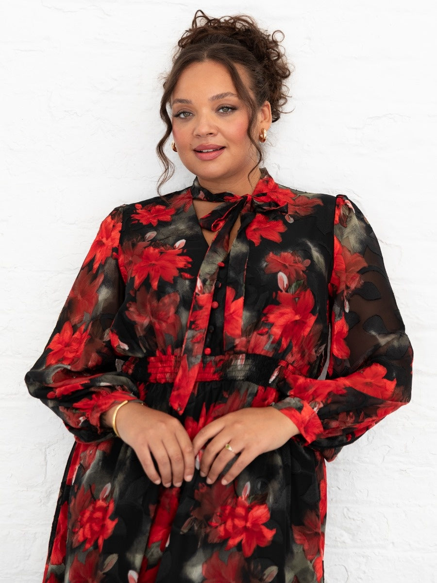 Lovedrobe Floral Tie Neck Long Sleeve Maxi Dress