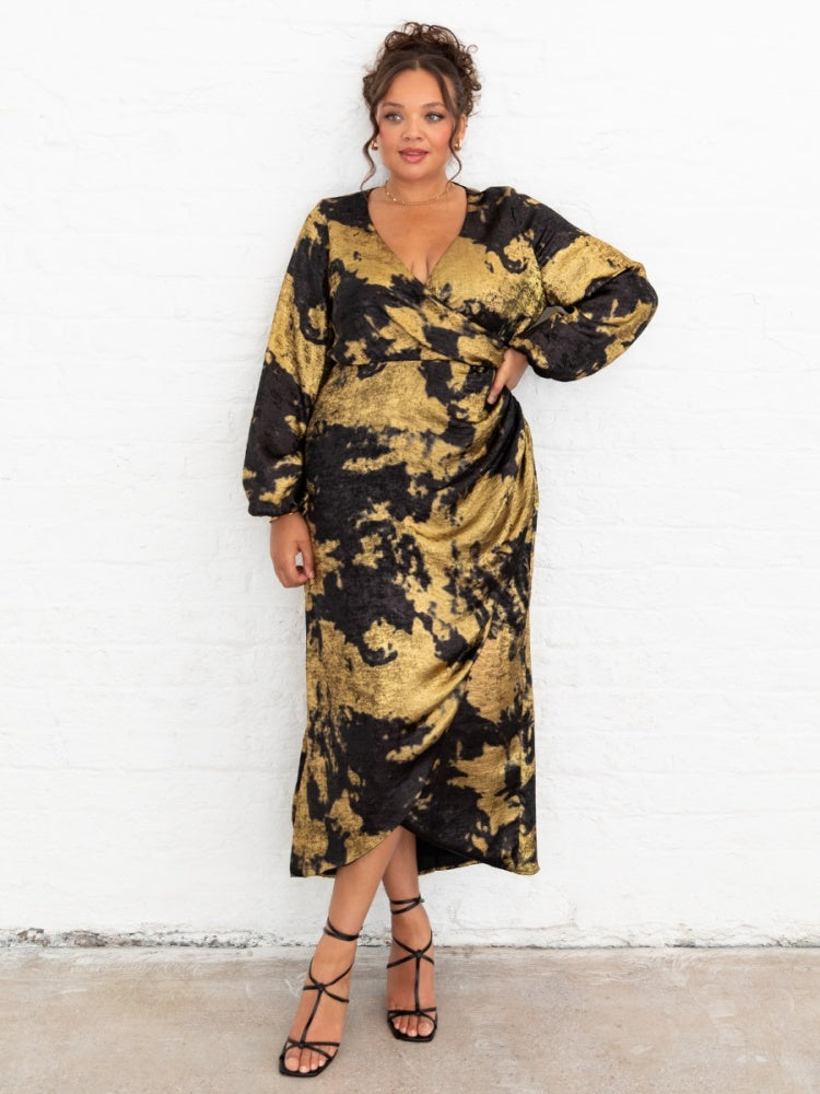 Lovedrobe Black and Gold Long Sleeve Wrap Dress