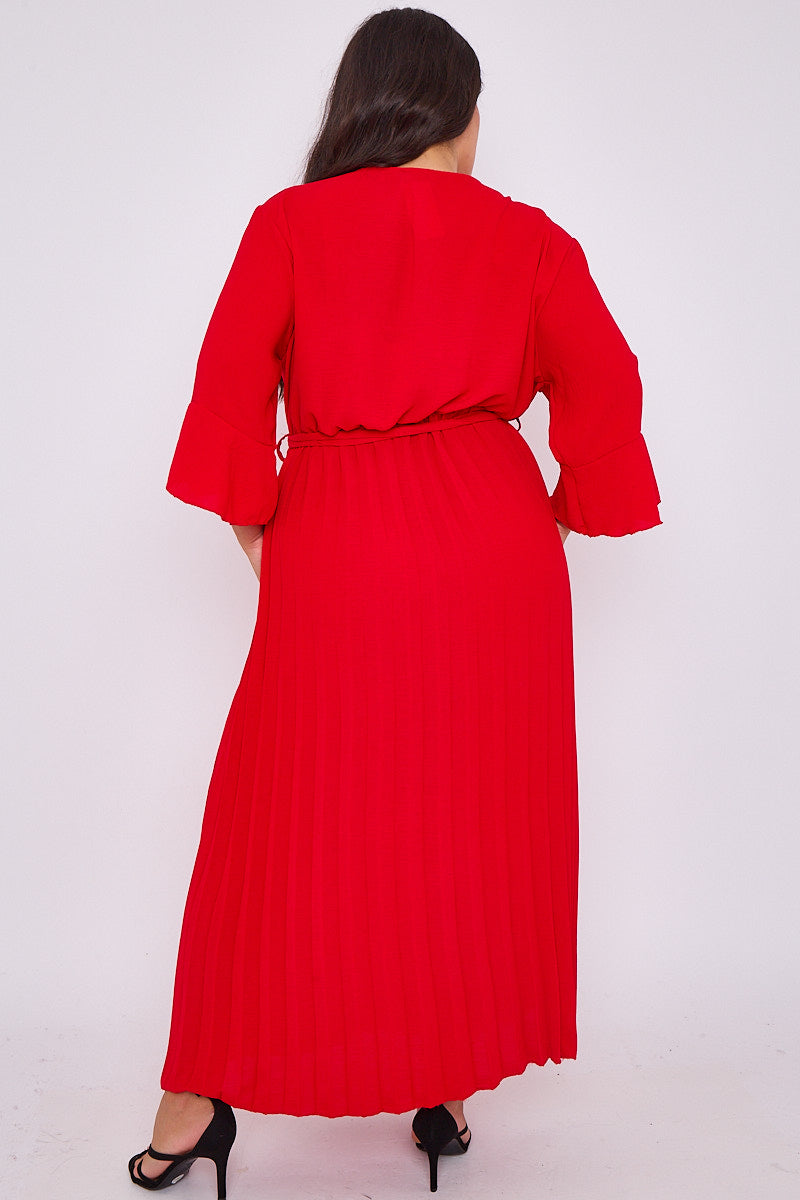 Wrap Dress With Pleated Skirt And 3/4 Length Sleeve
