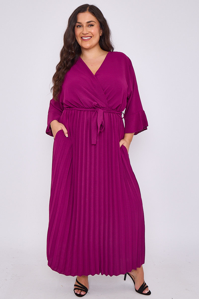 Wrap Dress With Pleated Skirt And 3/4 Length Sleeve