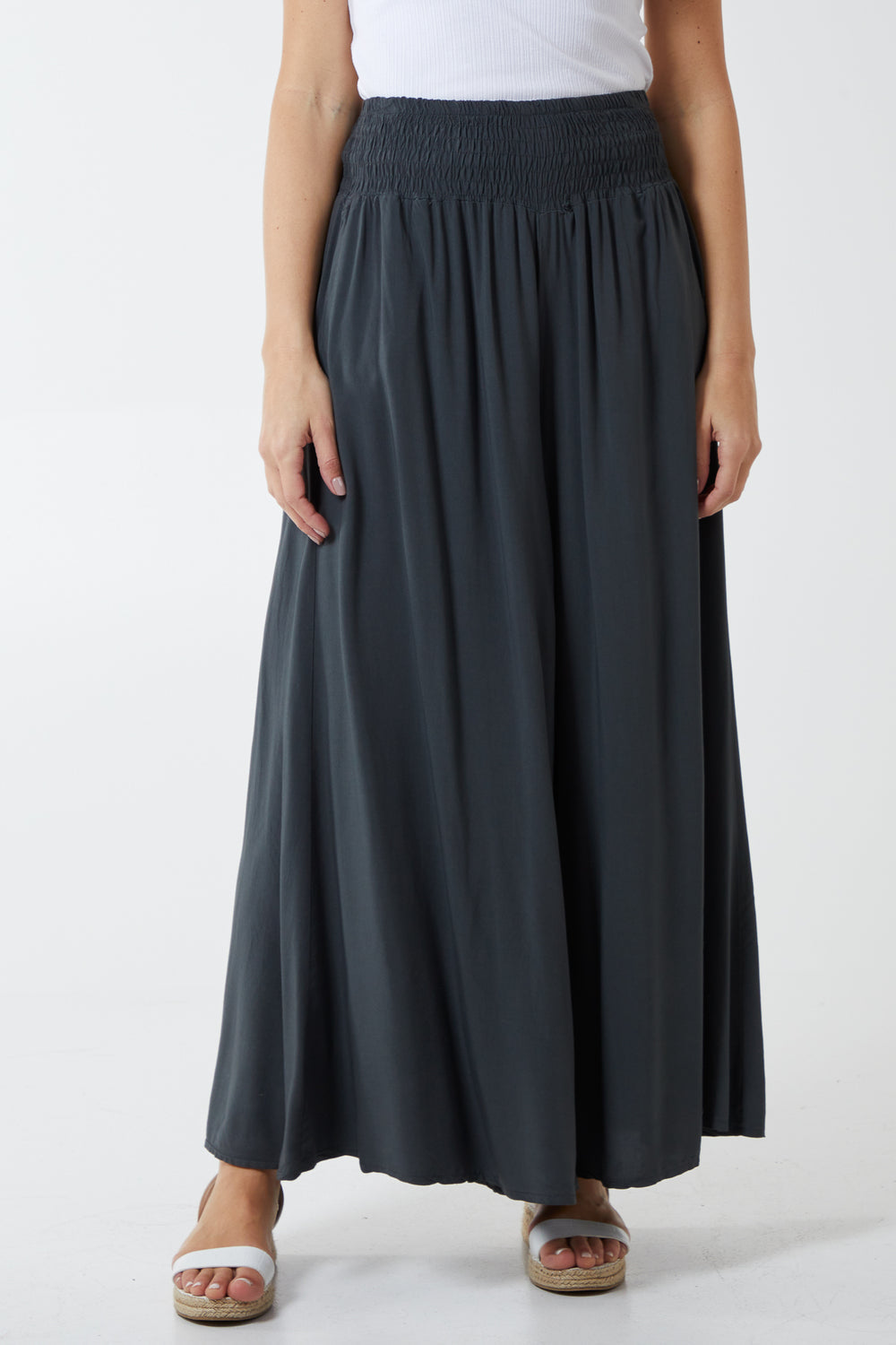 Shirred Deep Waist Wide Leg Culottes