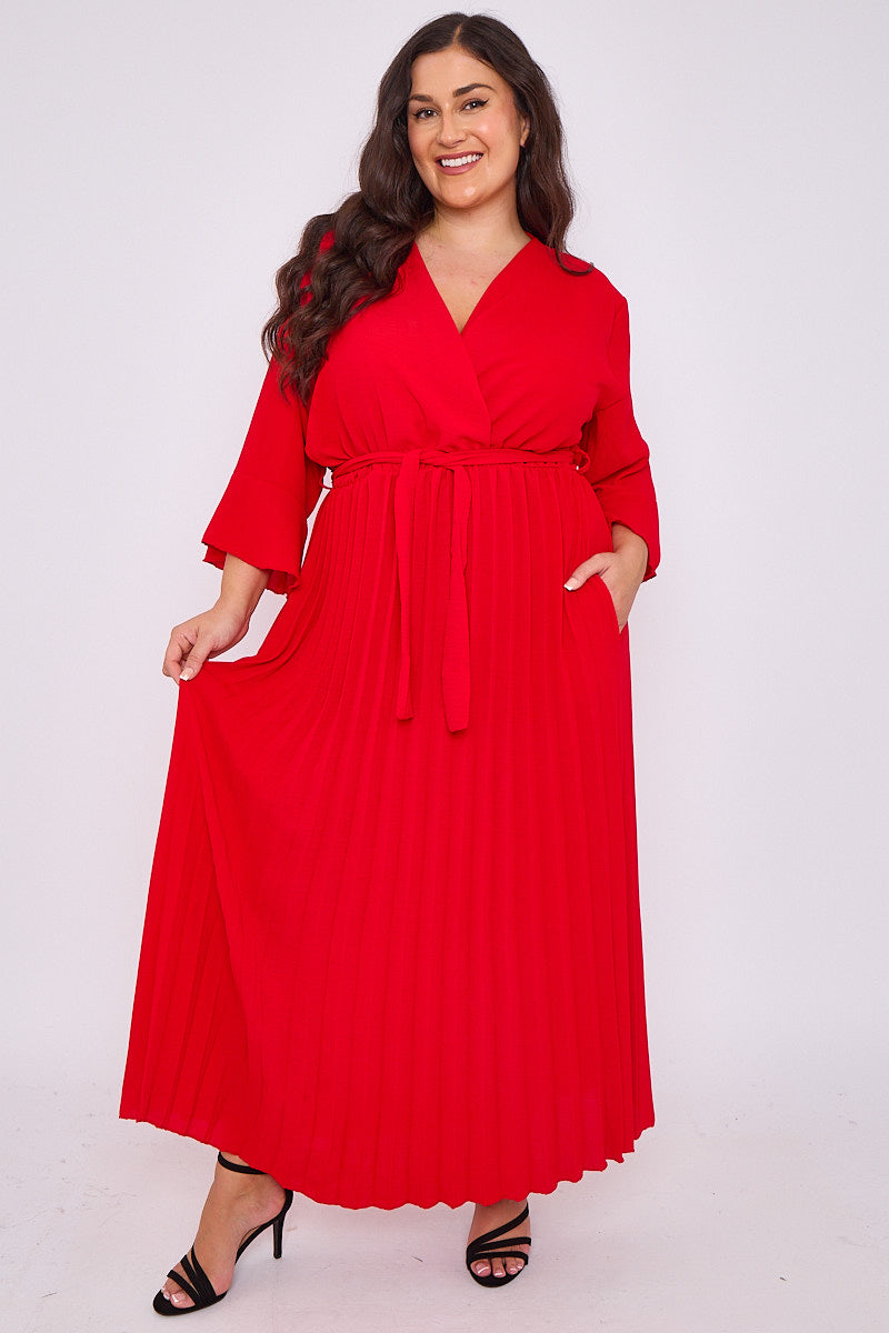 Wrap Dress With Pleated Skirt And 3/4 Length Sleeve