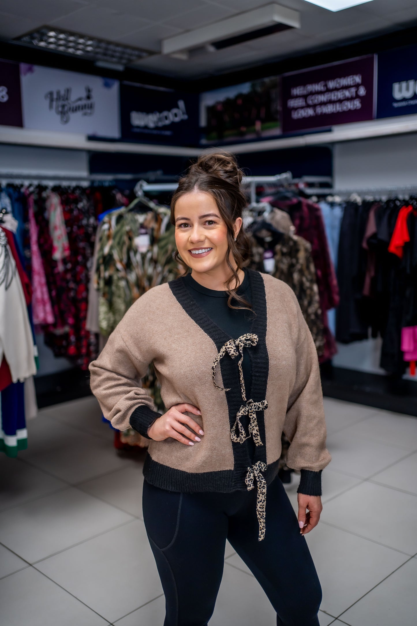 Lovedrobe Contrast Edge & Animal Print Ribbon Tie Cardigan