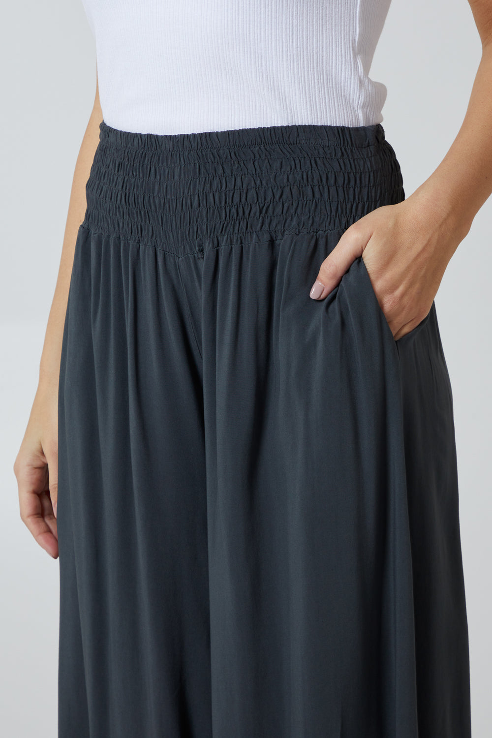 Shirred Deep Waist Wide Leg Culottes