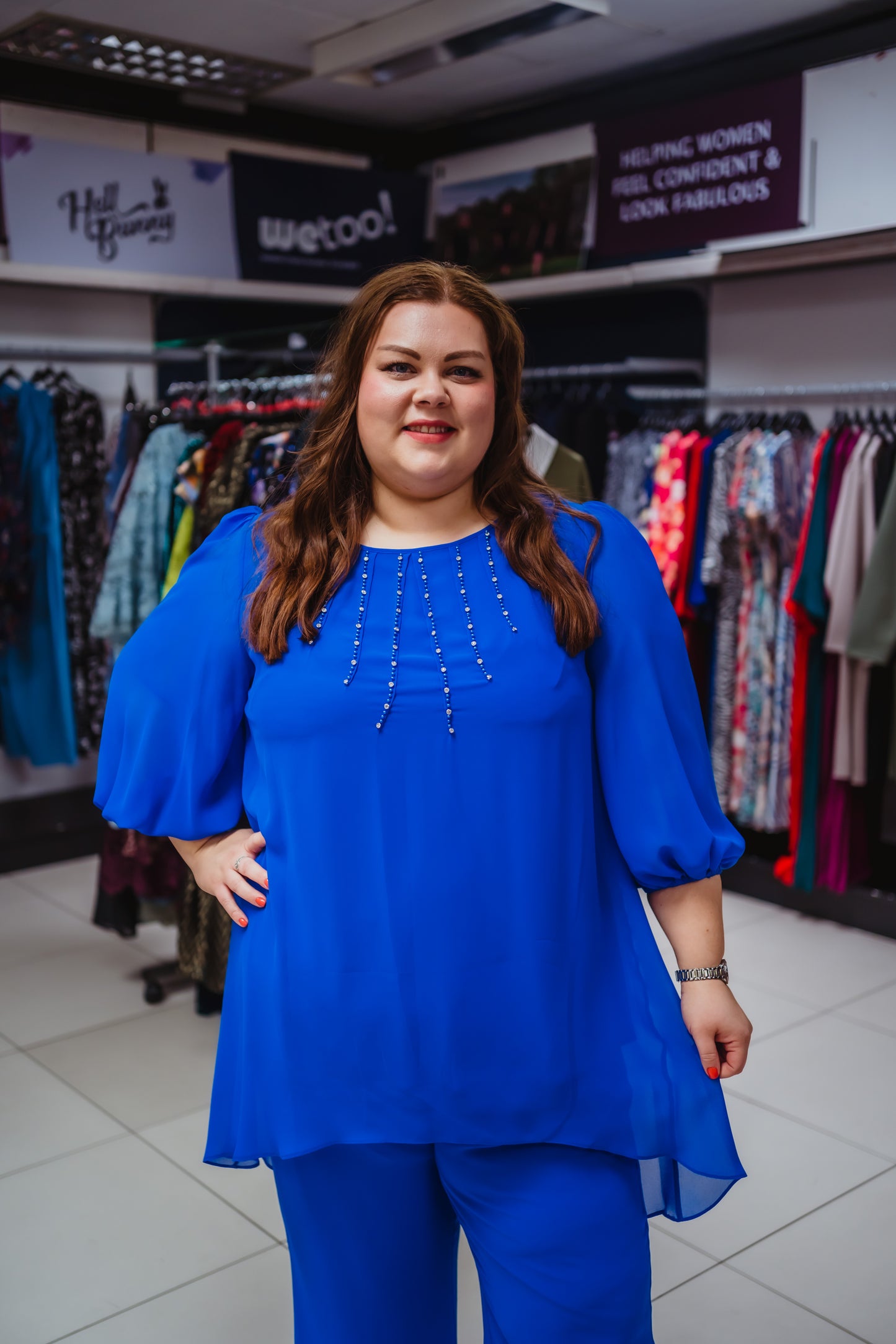 Lizabella Royal Blue Chiffon Trouser Suit With Diamonte Detail