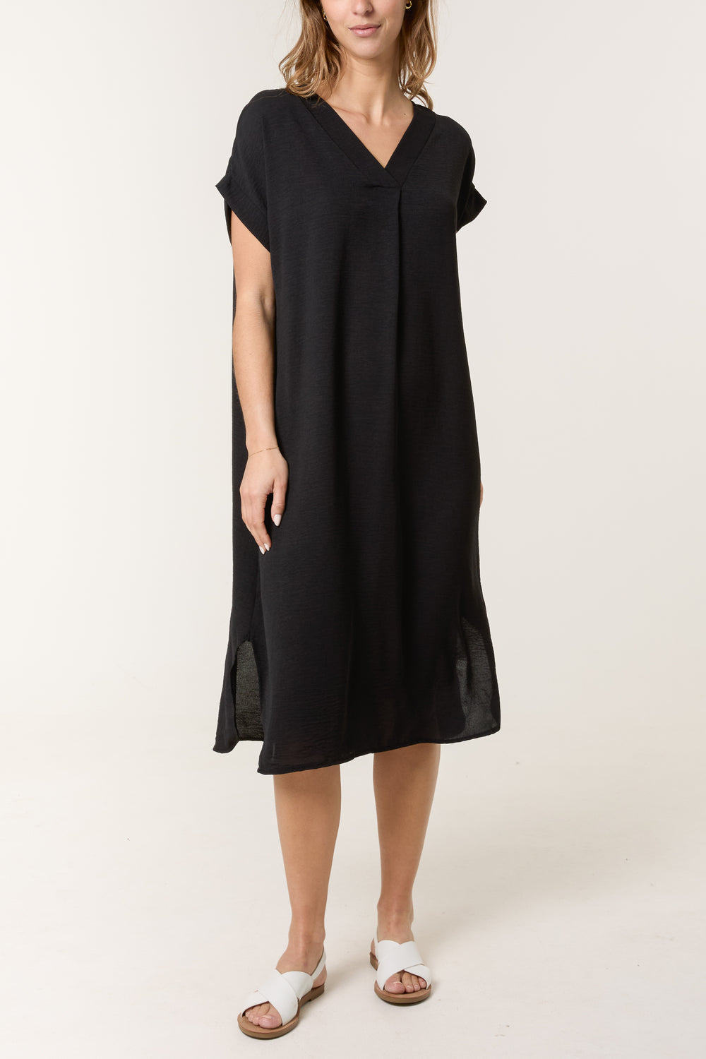 V Neck Short Sleeve Midi Dress