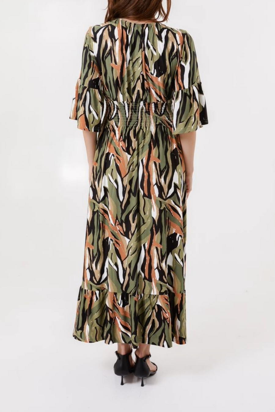 Abstract Print Shirred Midi Dress