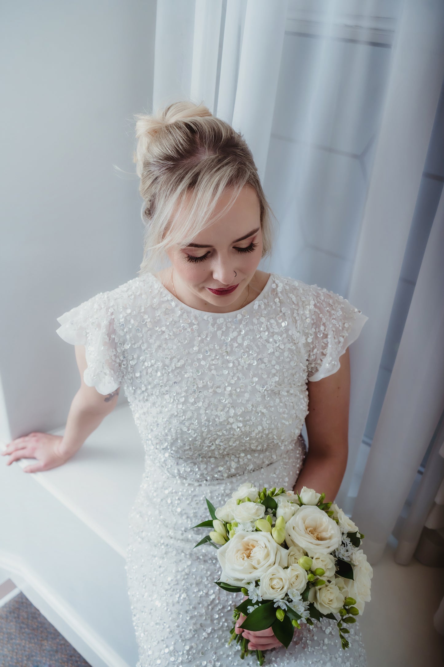 Maya Fully Embellished White Flutter Sleeve Bridal Dress