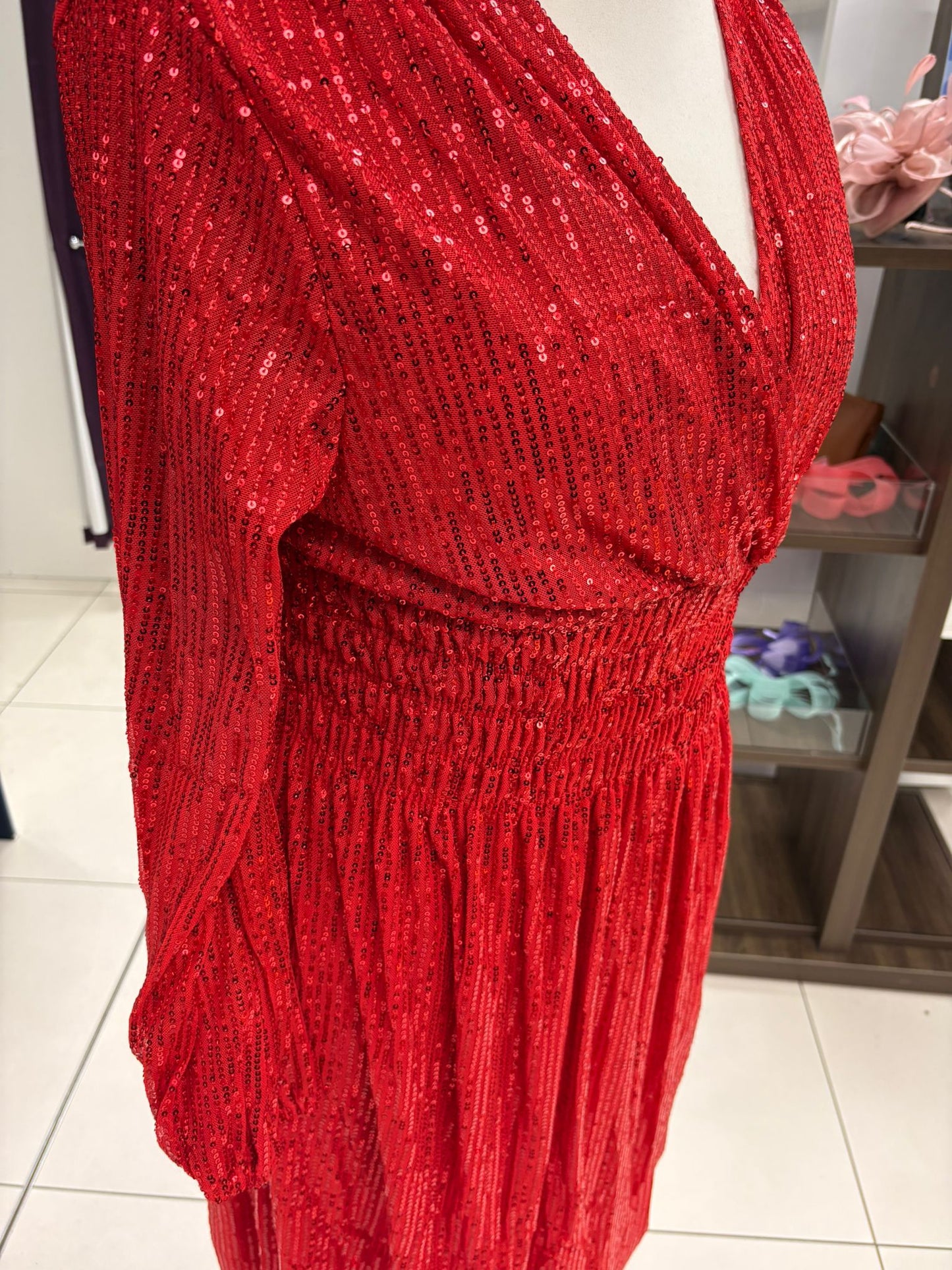 Long Sleeve Red Sequin Maxi Dress