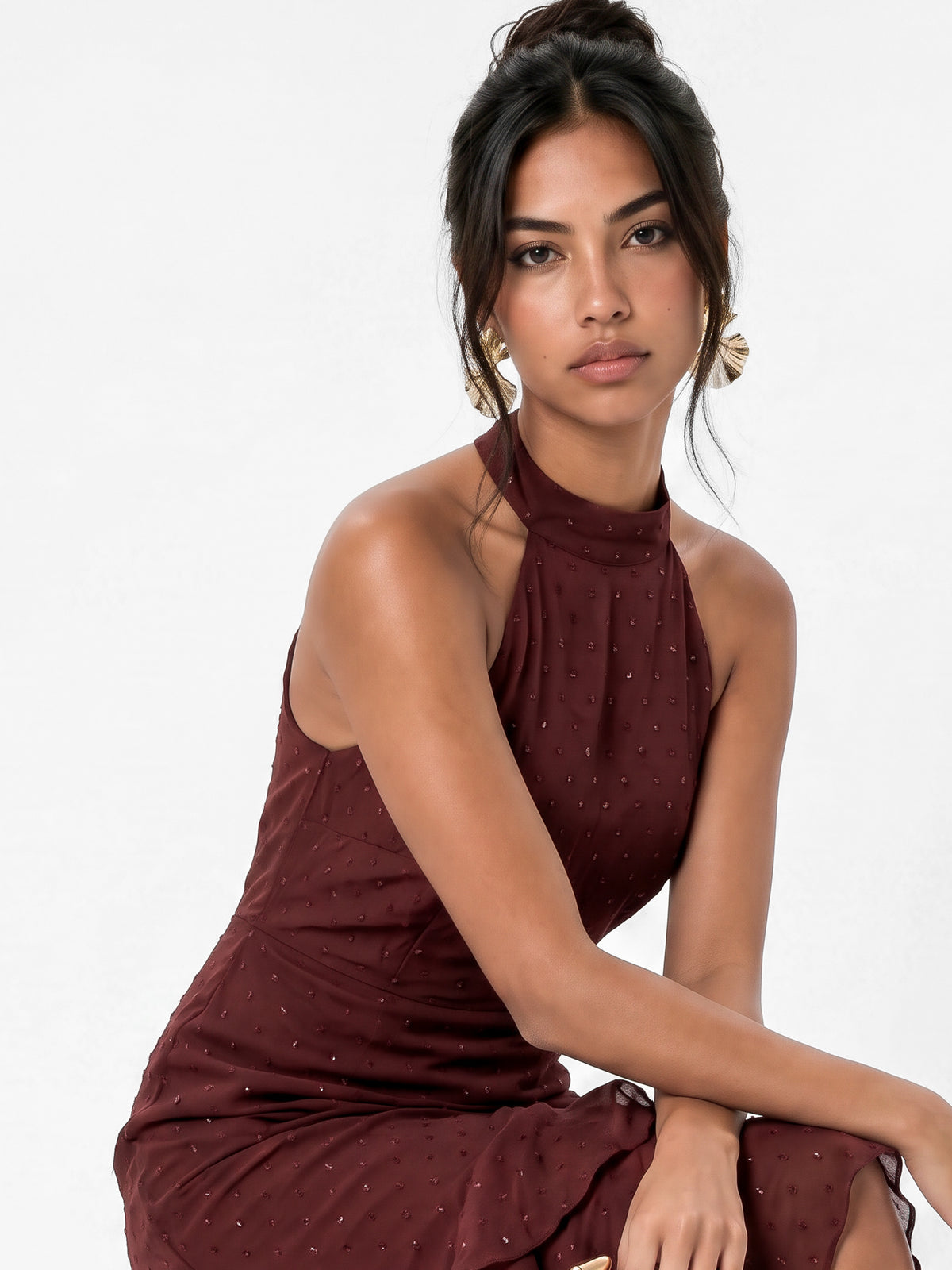 Maya Brown Halter Ruffle Maxi Dress