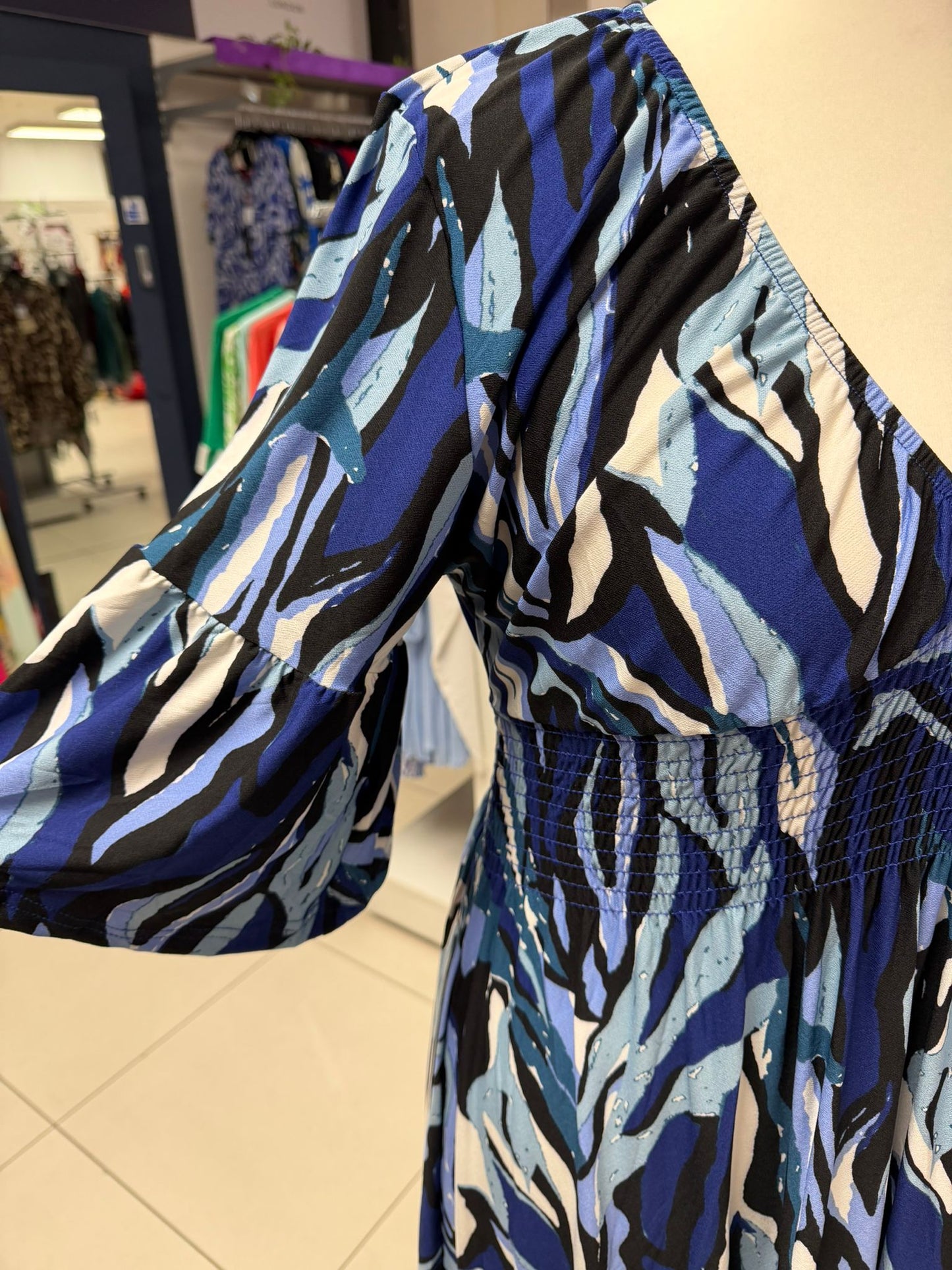 V Neck Shirred Navy Abstract Maxi Dress