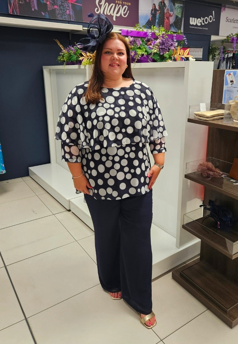 Lizabella Navy MOB Chiffon Top And Trousers With Corasge