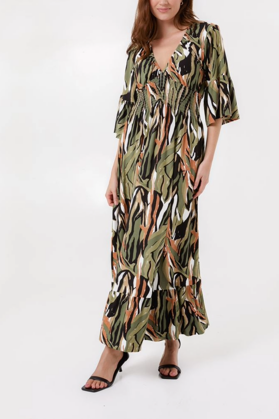 Abstract Print Shirred Midi Dress
