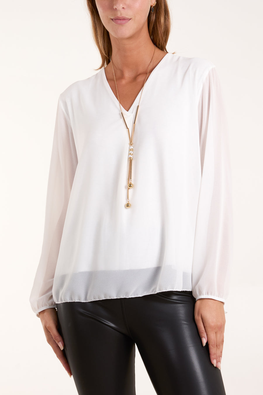 Pleated Back Blouse With Necklace