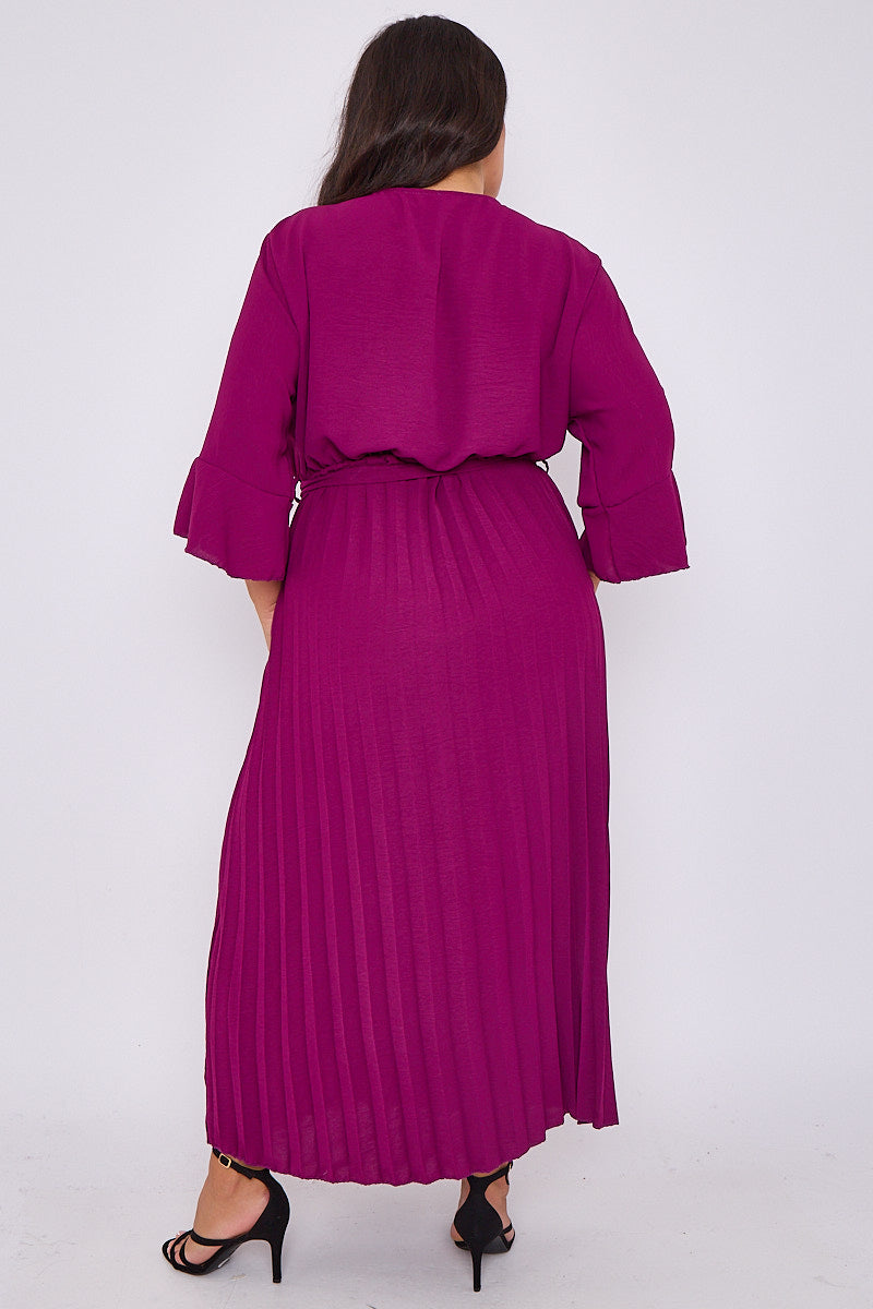 Wrap Dress With Pleated Skirt And 3/4 Length Sleeve
