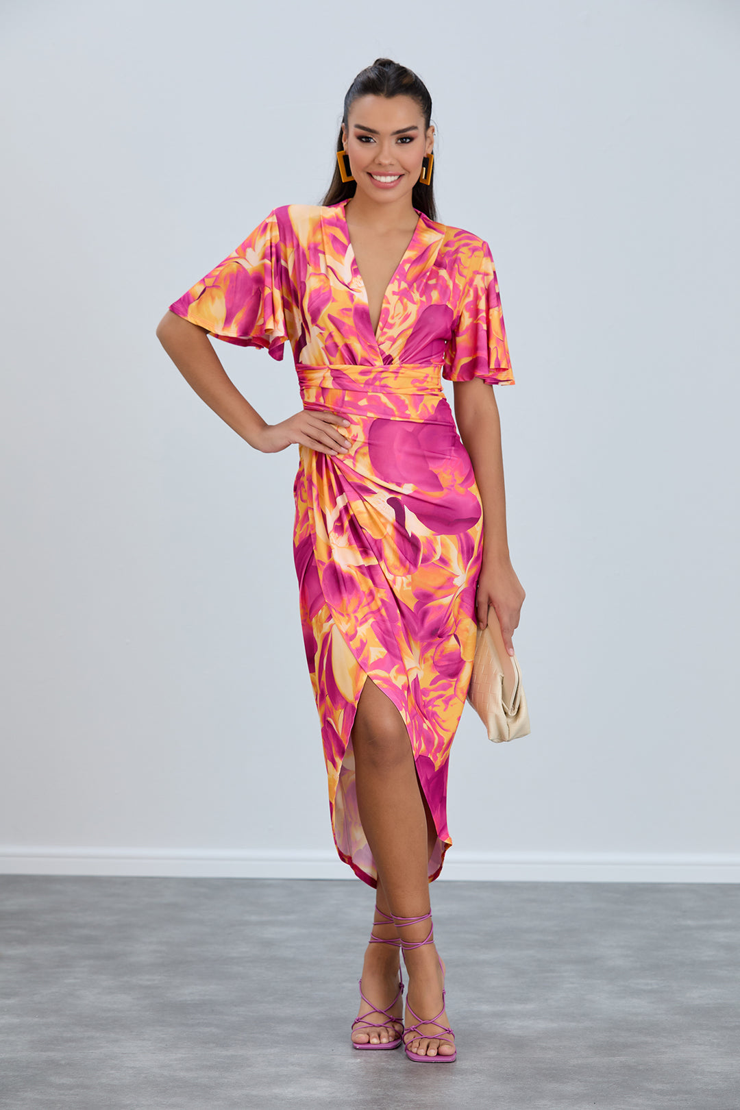 Forever Angel Sleeve Orange Abstract Dress