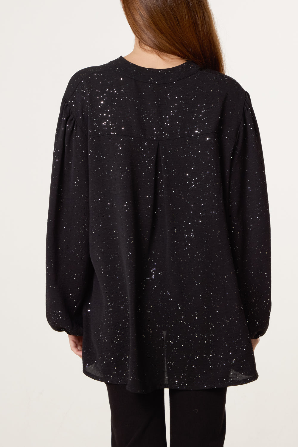 Metallic Glitter Collarless V Neck Blouse