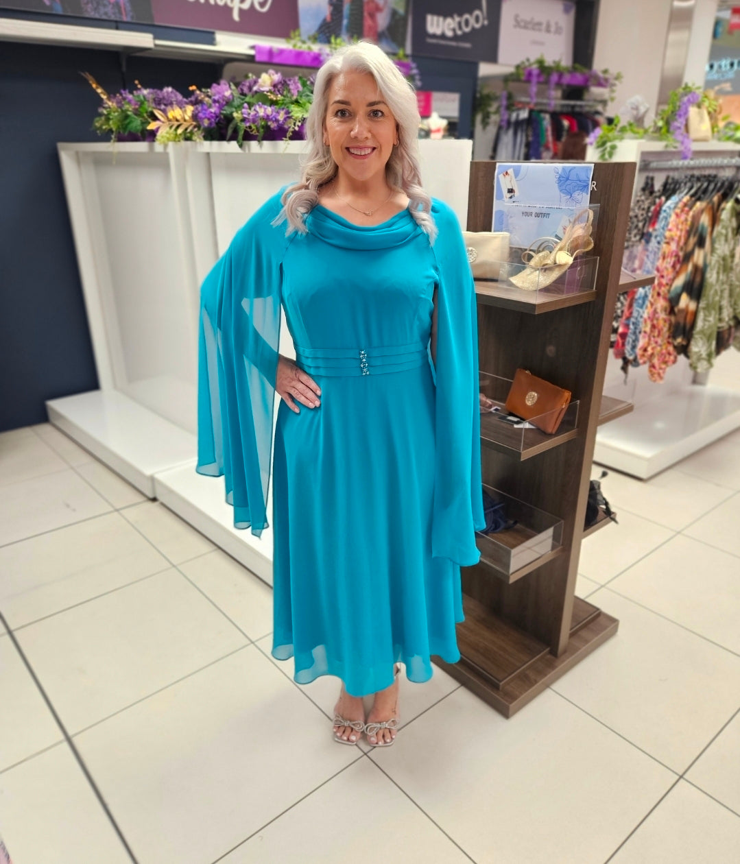 Lizabella Turquoise Boat Neck Dress With Cape Sleeves