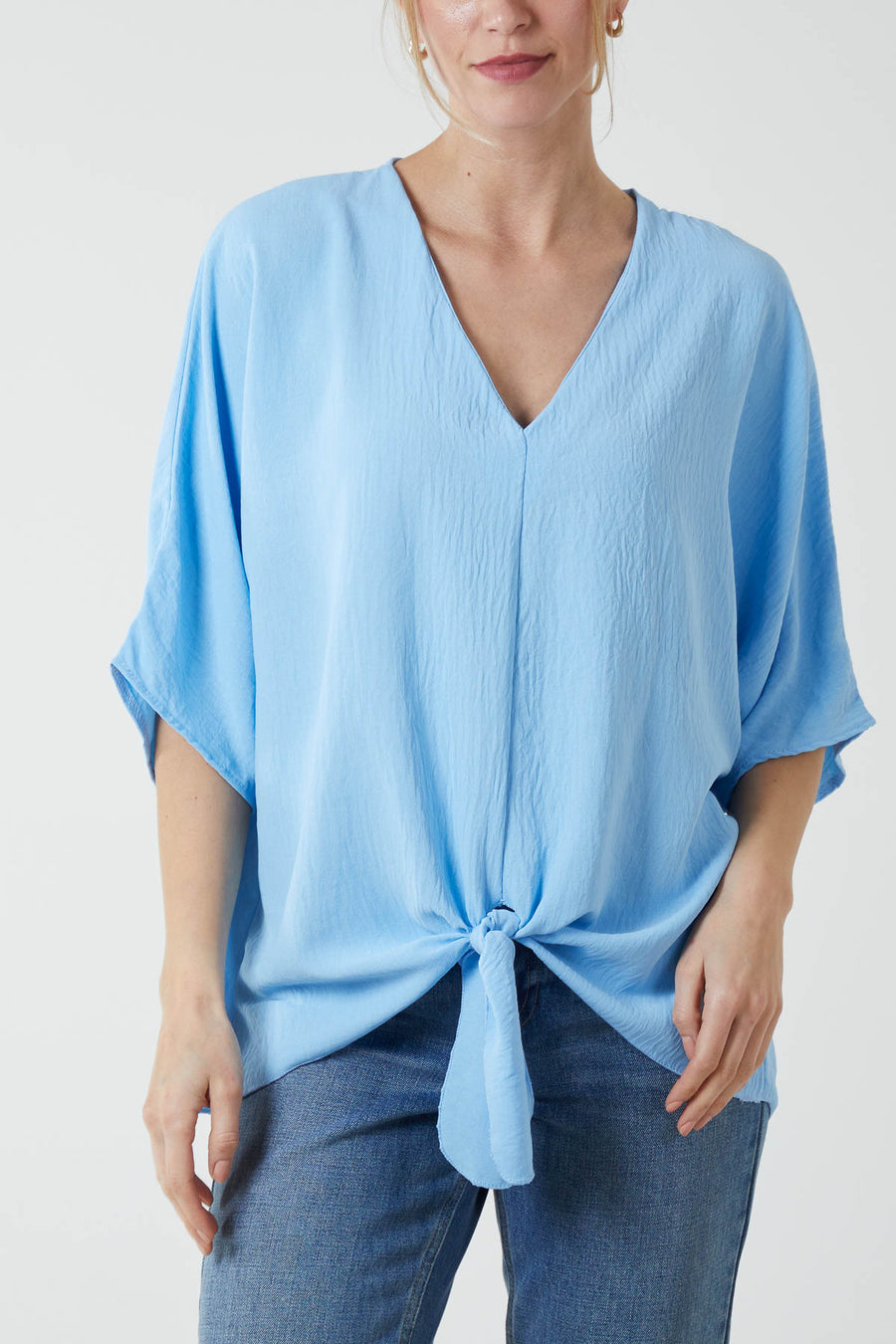 V Neck Front Tie Hem Blouse