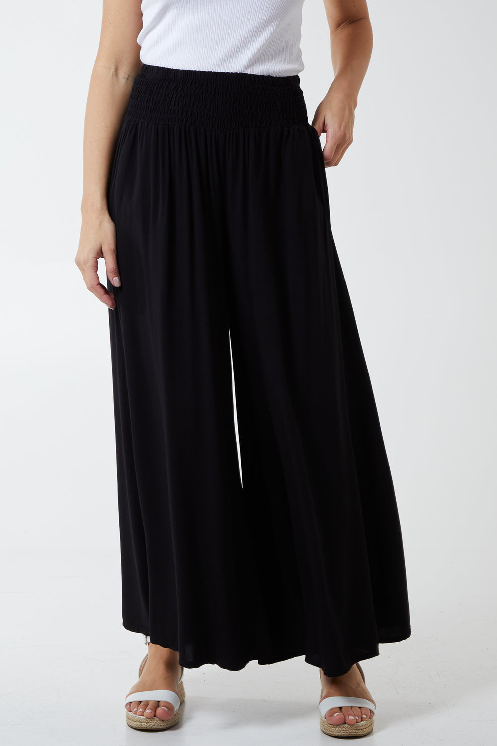 Shirred Deep Waist Wide Leg Culottes
