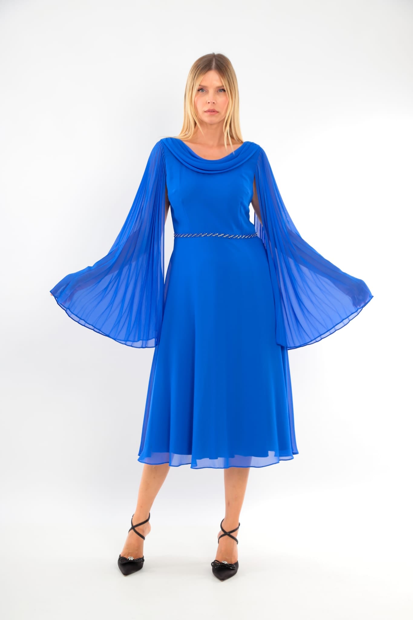 Lizabella Royal Blue A Line Chiffon Dress With Pleated Sleeves