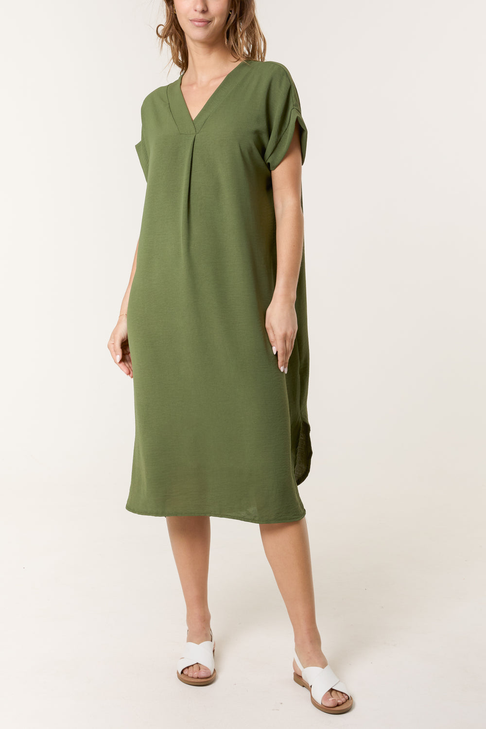V Neck Short Sleeve Midi Dress
