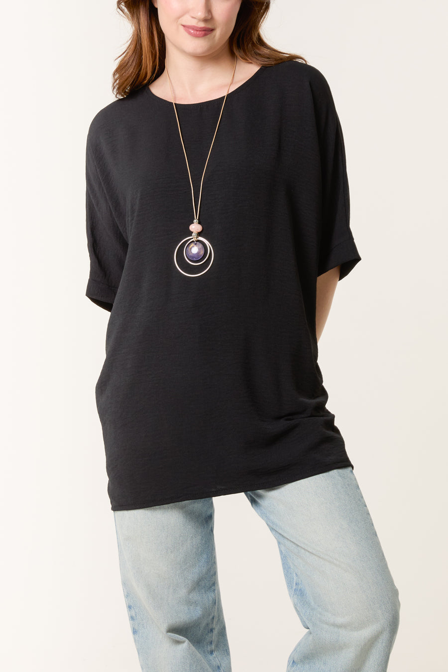 Batwing Short Sleeve Top With Necklace