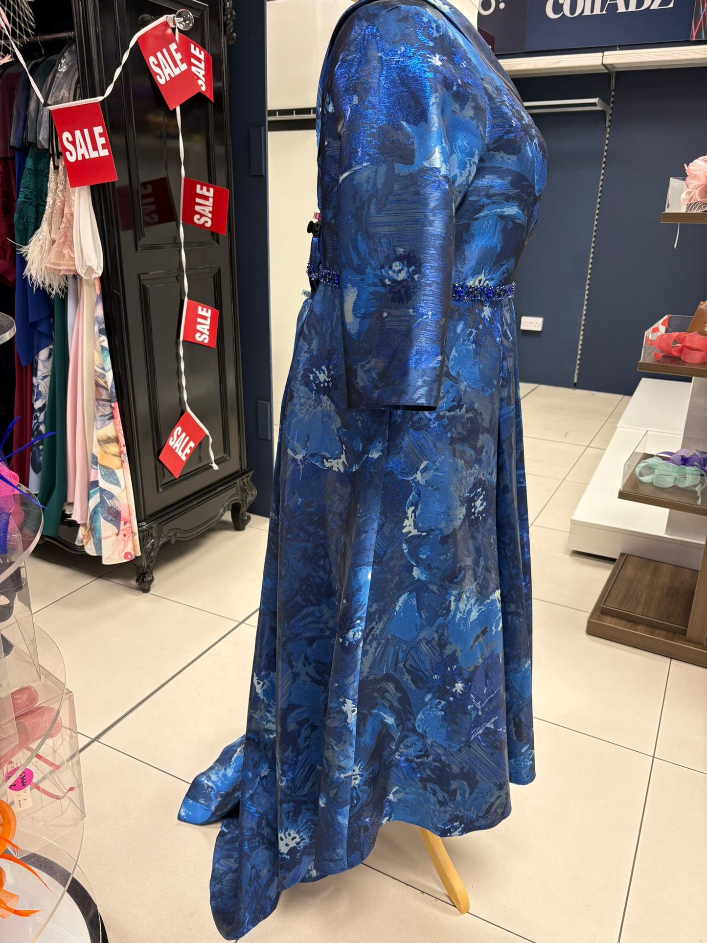 Gino Cerruti Midnight Blue Print Embellished Belt MOB Dress