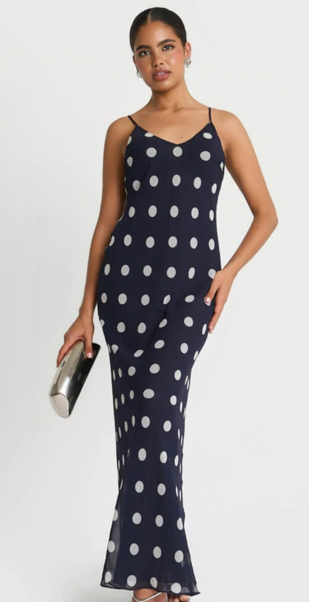 Needs no label, navy spot chiffon cape maxi dress