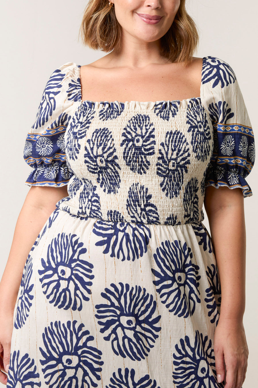 Navy Square Shirred Neck Printed Maxi Dress