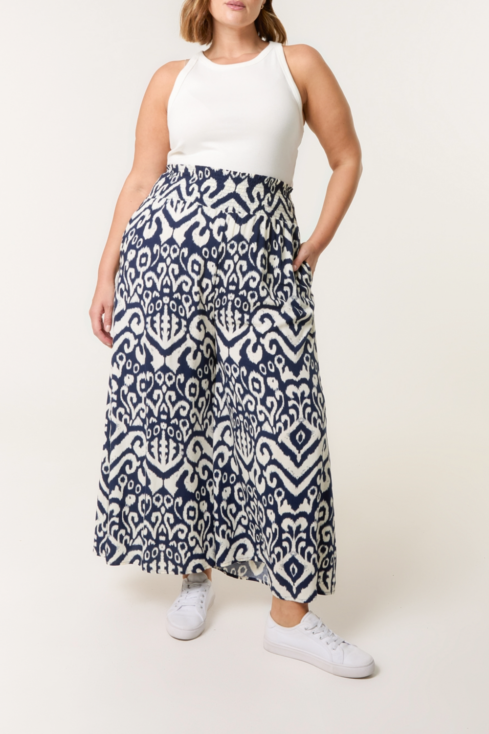 Shirred Waist Wide Leg Trousers
