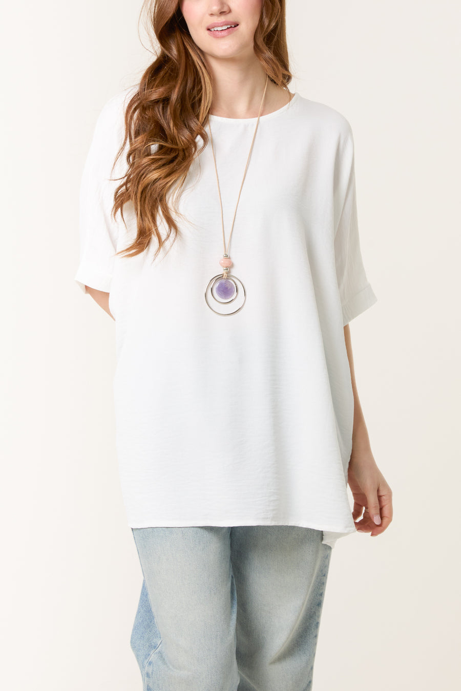 Batwing Short Sleeve Top With Necklace