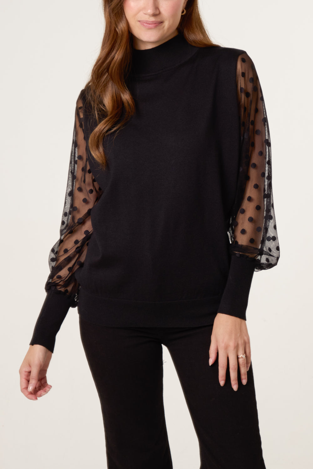 Polka Dot Mesh Sleeve High Neck Jumper