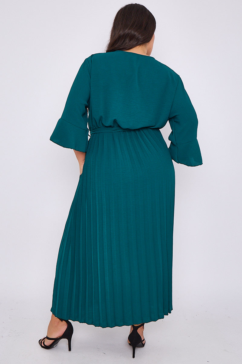 Wrap Dress With Pleated Skirt And 3/4 Length Sleeve