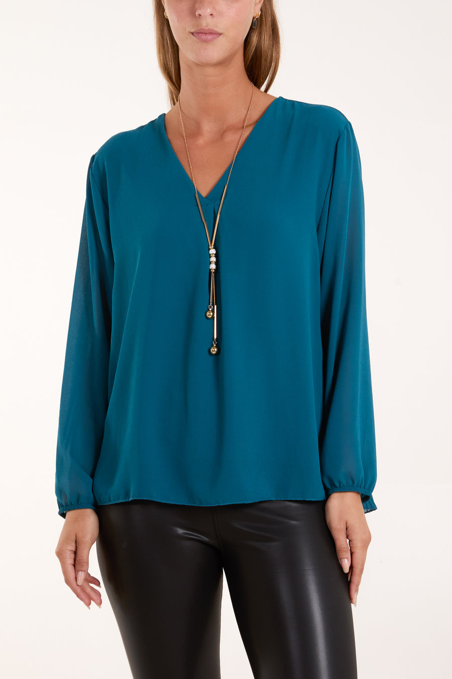 Pleated Back Blouse With Necklace