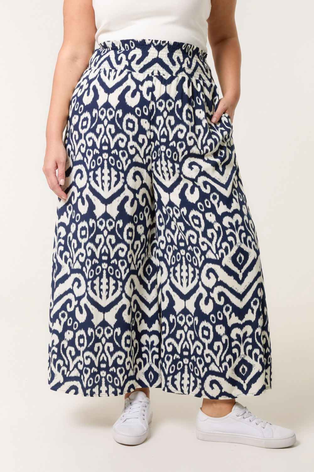 Shirred Waist Wide Leg Trousers