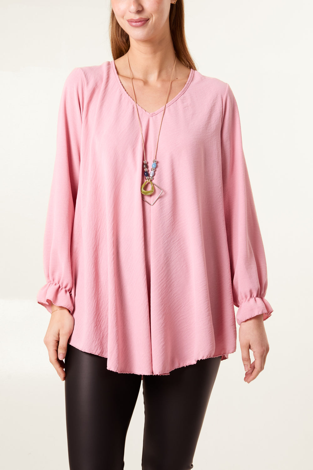 V Neck Bell Sleeve Blouse With Necklace