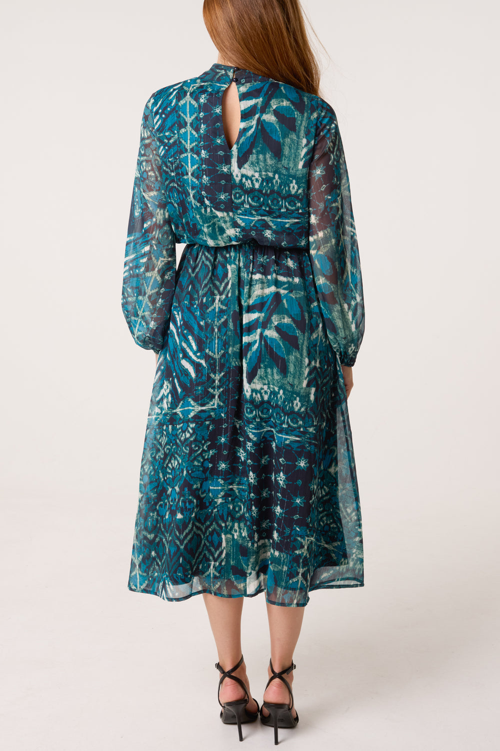 Abstract Leaf Print Puffball High Neck Dress