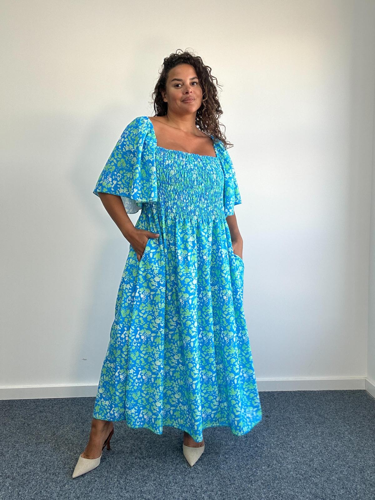 Blue Ditsy Shirred Dress