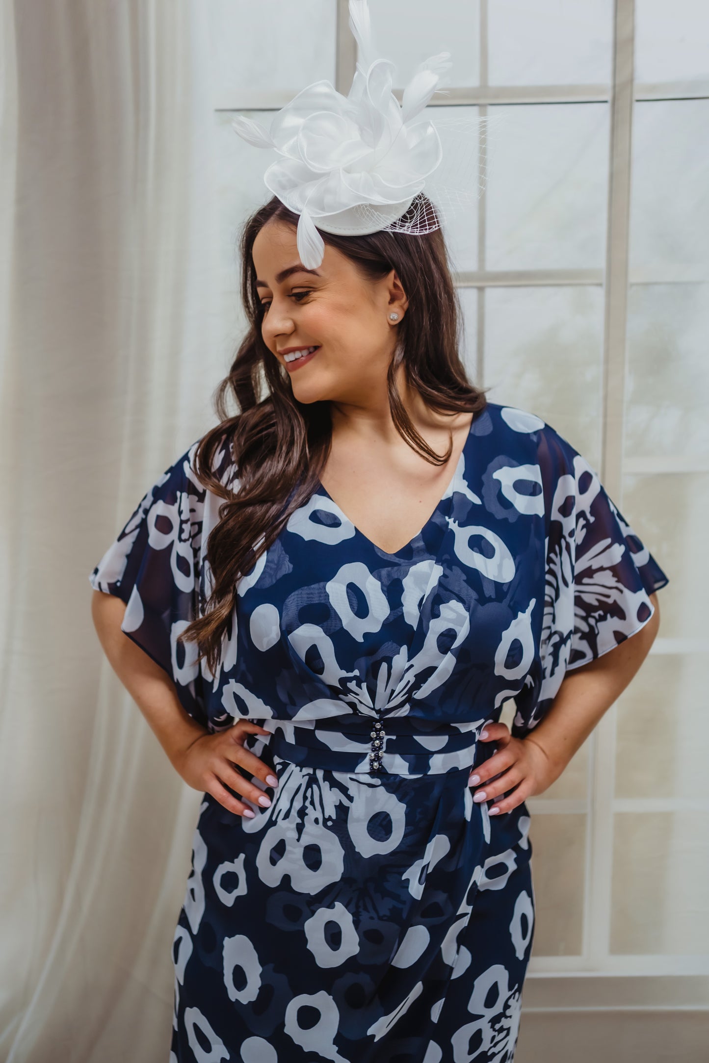 Lizabella Navy And White Chiffon Dress With Flutter Sleeves